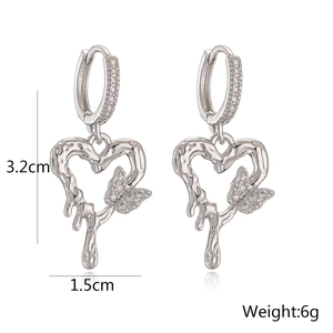 Detailed size view of silver zircon butterfly earrings with lava heart design, 3.2cm x 1.5cm