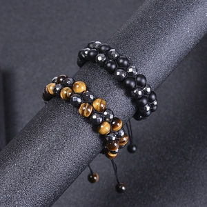 Double-layer 8mm tiger eye stone and hematite beaded bracelet with adjustable cord