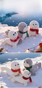 Détails de peluches otaries douces avec écharpes festives sur fond de neige hivernale