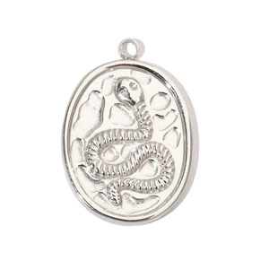 Detailed close-up of a silver stainless steel oval pendant with an embossed snake design