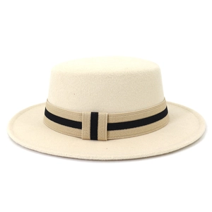 Classic cream wool felt boater hat with a striped ribbon band on a clean white background