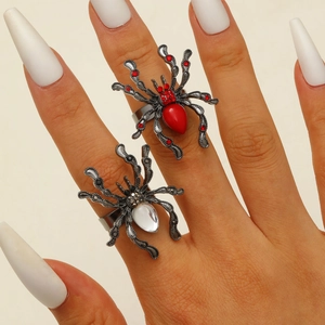 Lot de bagues araignée gothiques avec pierres rouges en goutte pour Halloween