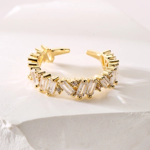 Luxe gold plated open ring featuring geometric rectangular and round zircon stones