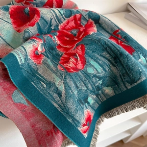 Winter Schal aus Kaschmir-Imitat mit Blumenmuster und Fransen in Blaugrün und Rot