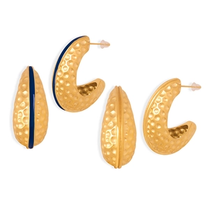 Retro C-shape titanium steel earrings with golden hammered texture and blue enamel details