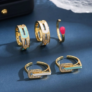 French Light Luxury Enamel Rhinestone Open Adjustable Copper Ring For Women Geometric U-Shape Button Drip Glue Fashion Jewelry Gift