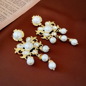 Vintage Baroque Flower Tassel Drop Earrings With Alloy Imitation Artificial Pearl Rhinestone And Silver Earring Post For Women