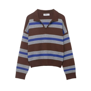 Women's knit polo shirt with brown, grey and royal blue stripes in a soft blend