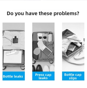 Three scenes showing messy liquid leaks in luggage prevented by silicone bottle covers