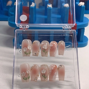 Handmade 3D tulip press-on nails with pink gradient, white flowers, pearls and rhinestones