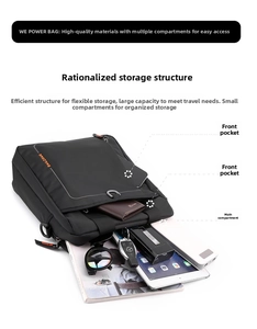 Detail view of black waterproof nylon briefcase showing multi-layer storage for laptop and gadgets
