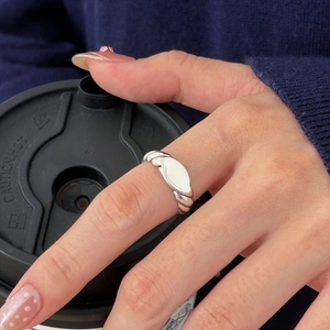 925 Sterling Silver Twisted Rope Ring With Smooth Oval Face Adjustable Open Retro Vintage Jewelry For Women