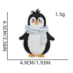 Detail view of cute penguin embroidery patch with precise size and weight measurements