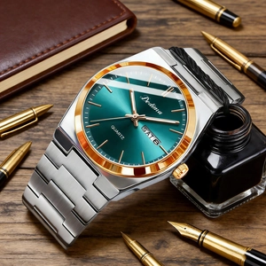 Detail view of the green dial with dual date calendar on the Bedima men's steel watch