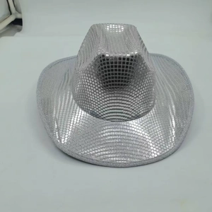 Sparkly silver sequin western cowboy hat with a wide brim for disco party costumes