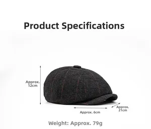 Detailed size parameters for dark gray herringbone newsboy cap with red stripes