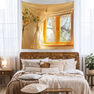 Detail of bohemian tapestry featuring warm sunlit window scene with lemon plant decoration