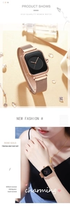Detail showing the elegant rose gold square quartz watch with a stainless steel mesh band