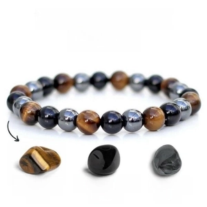 Detailed infographic of triple protection bracelet with tiger eye, obsidian, and hematite