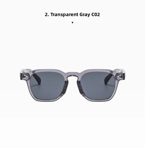 Detailed close-up of transparent grey square frame sunglasses with metal hinge detail