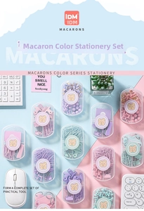 Close-up of macaron color stationery set including paper clips and pins in a clear box