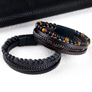 Men's multi-layer leather bracelet with turquoise and tiger eye stone beads