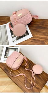 Pink quilted crossbody bag with matching round coin purse and gold hardware on wooden bench