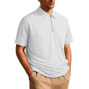 Men's white zip-up polo shirt with waffle knit texture and casual short sleeves