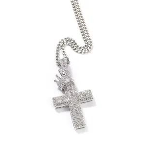 Icy silver crown cross pendant necklace with micro-pave zircons and cuban chain