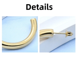 Detail view of chunky gold C-shaped hoop earrings with butterfly back fasteners