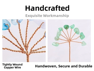 Detail of handcrafted copper wire tree branches with blue and green natural crystals