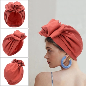 French vintage brick red turban hat for women with oversized floral bow and elastic fit