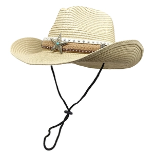 Beige western cowboy straw hat with star emblem and turquoise stud for women