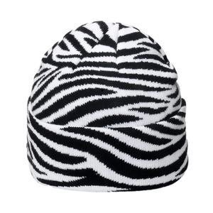 Winter rib-knit zebra striped beanie hat for women featuring a stylish cuffed design