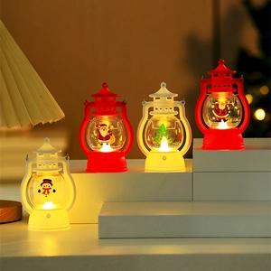 Close-up of red and white Christmas LED lanterns with Santa and snowman patterns