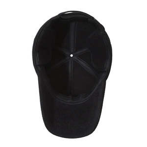 Men's winter baseball cap with plush lining and fold-out ear flaps in deep black wool