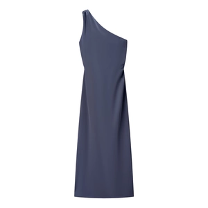 Elegant one-shoulder satin maxi dress in grey blue with a smooth silk texture and drape