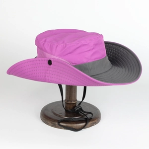 Detail view of purple sun hat with grey trim, breathable mesh vents and adjustable wind cord