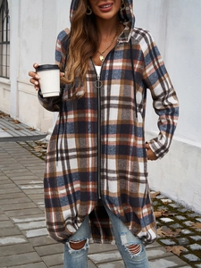Detailed view of women's long plaid hooded jacket with zipper and side pockets