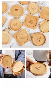 Detail view of engraved solid wood coasters in round and square shapes with animal motifs