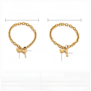 Detail of stainless steel gold bracelets with heart and key charms and dimension specs