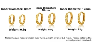 Size chart for faceted S925 silver gold-plated hoop earrings in 8mm, 10mm, and 12mm