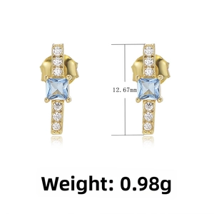 Detail view of gold square zircon earrings with dimensions 12.67mm and weight 0.98g