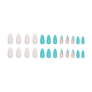 French almond press-on nails set in white, teal, and nude colors with glossy finish