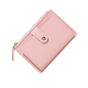 Portafoglio corto da donna rosa minimalista in pelle sintetica con zip e chiusura a pressione