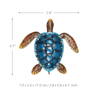 Colorful metal turtle wall art decoration in blue and gold finish, size 7x17cm