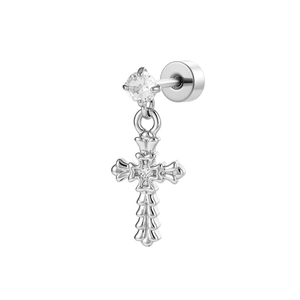 Silver stainless steel cross pendant earring with round zircon stone and screw back detail