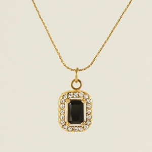 Detail of 18K gold-plated double-layer necklace with square black zircon and crystals