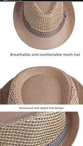 Close-up of breathable mesh crown and classic striped ribbon on straw fedora hat