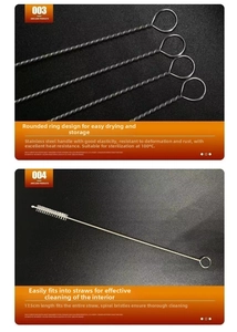 Détail du goupillon pour pailles de 17,5cm en acier inoxydable avec poils en nylon spiralés